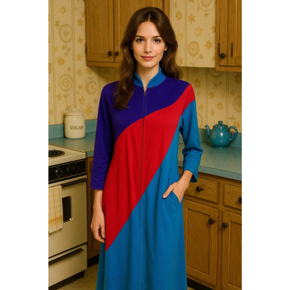 Vintage 70s Vanity Fair Bold Color Block Zip Front House Robe Retro Sz L MOD EUC